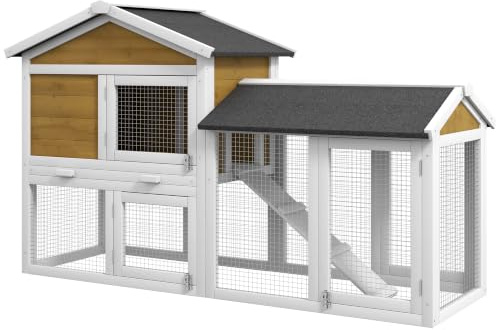 PawHut Hasenstall 2 Etagen Winterfest Kaninchenstall Holz 147x54x84 cm Kaninchenkäfig mit wasserdicht Bitumendach Freilaufgehege Rampe Türen Hasenkäfig für 2 Zwergkaninchen Outdoor Gelb