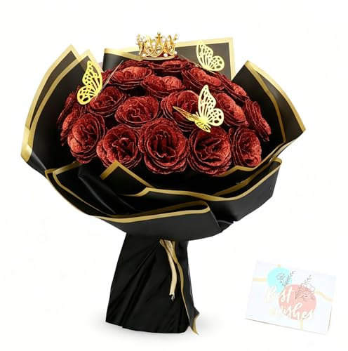 UXORSN 26 bouquet di rose artificiali fai da te, con glitter, con corona, cartolina, con rose, bouquet, fiori artificiali, per regali, matrimonio, compleanno, festa della mamma, rosso