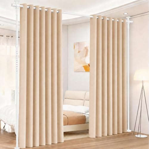 Raumteiler ohne Bohren, verstellbare Gardinenstange als Paraventgestell, freistehender Raumtrenner ohne Vorhang, B 70-177 cm x H 122-305 cm, Sichtschutz für Wohnzimmer, Schlafzimmer, Büro, Weiß