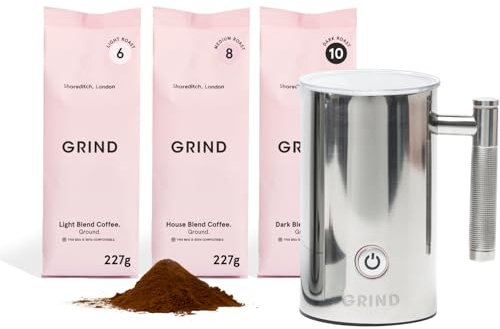 Grind Coffee Station Bundle – 3x 227g of House/Dark/Light Ground Pack with 3-in-1 Milk Frother – 100% Arabica – Specialty Grade – Save 12%
