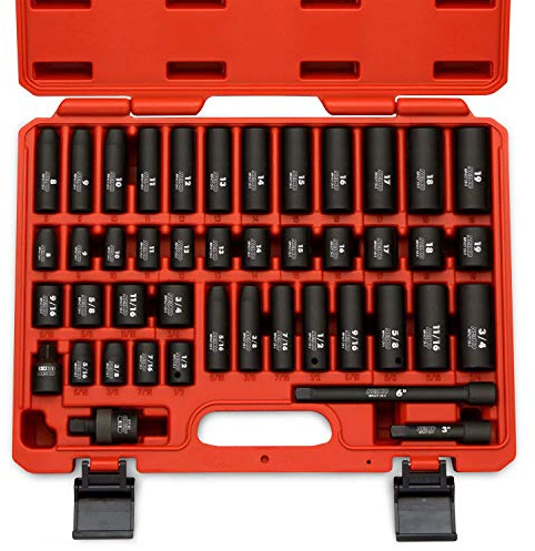 NEIKO 02440A 3/8-Zoll-Antrieb Schlag-Steckschlüsselsatz | 44-teilig | Standard SAE (5/16-3/4) und metrische MM (8mm-19mm) Größen | Tiefe und flache Kit | inkl. Verlängerungsstangen und U-Gelenk