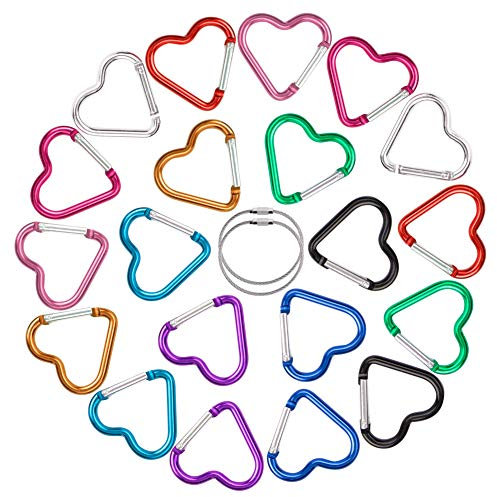 Vidillo 20 Stück Karabiner Schlüsselanhänger Karabinerhaken Set, Aluminium D-Ring Karabiner Clip mit 2 Edelstahl Draht Keychain-Kabel Durable Federbelastetes Tor-Set für Schlüssel Hundeleine(Heart)