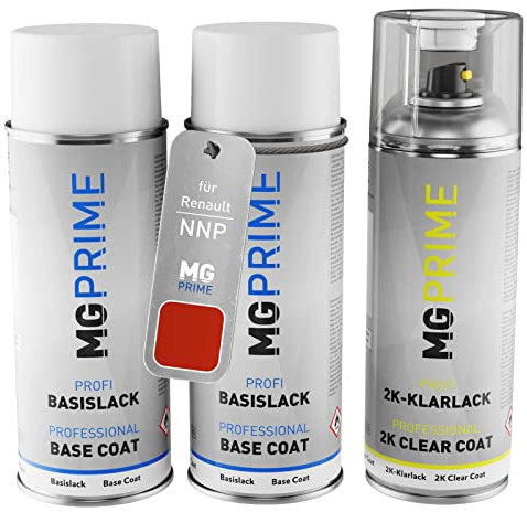 MG PRIME Autolack 2K Spraydosen Set für Renault NNP Rouge Flamme Nacre/Dezir-Rot Perleffekt Grundlack Basislack 2 Komponenten Klarlack Sprühdose