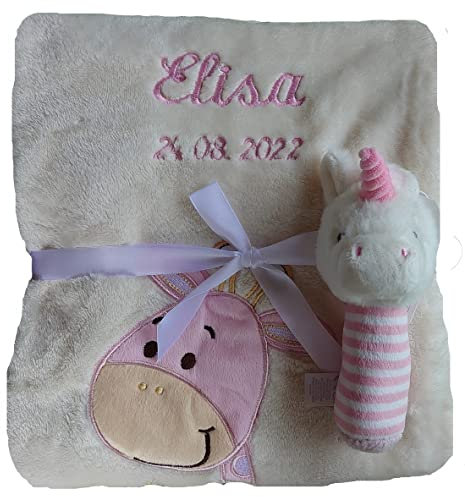 Wuff-Dogsworld Babydecke mit Namen Bestickt Babyspielzeug Baby Geschenk Geburt Taufe (beige Giraffe rosa)