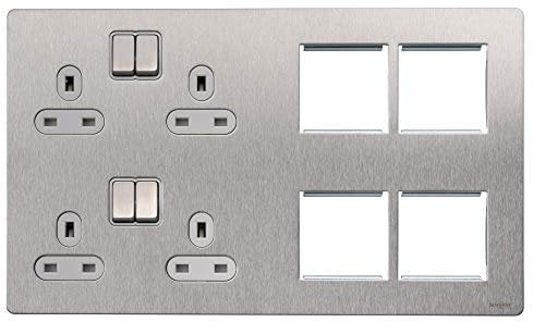 Schneider Electric GU34204DMPWSS Ultimate Screwless Flat Plate, Double Pole, Combination Media Plate, Stainless Steel with White Insert, Switched 4 Gang Power Socket