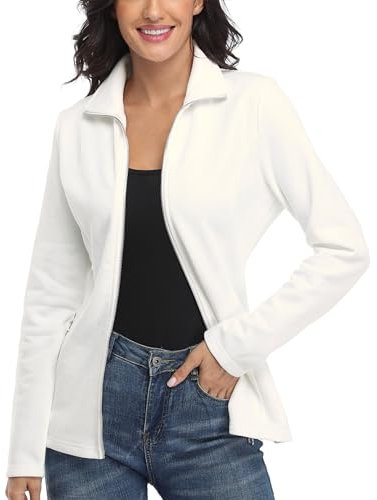 Dilgul Femme Sweat à col Long Sweat-Shirt Sport Zip Up Manche Longue Veste Manteau Coupe-Vent Poches Taille XL, Blanc