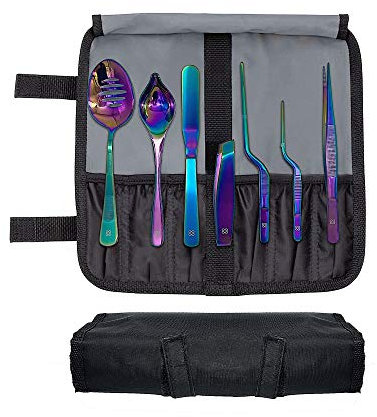 DOJA Barcelona | Kit Emplatar Chef | Color: Arcoiris | 7 Utensilios de Cocina Profesional | Pinzas, Cuchara Perforada, Pinzas Desespinar Pescado, Chef Art Pencil, Espatula | Set Emplatado Cocinero