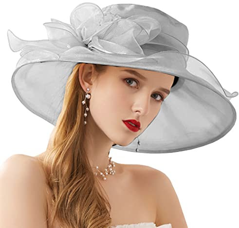 ZESLIV Sombrero de organza para mujer, para bodas, para bodas, para el sol, flores, verano, playa, paja, Gris-02., 58