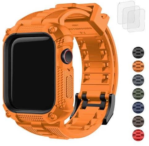 Fullmosa Compatible with Apple Watch Straps 44mm with Bumper Case for Men Women, TPU Rugged iWatch Strap with Screen Protector for Apple Watch Series 6/5/4/SE/SE2/SE3, 44mm, Orange