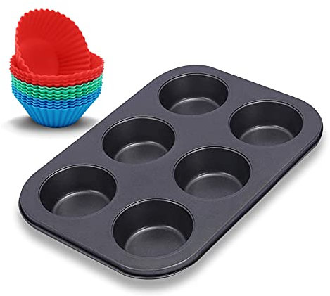 EUROXANTY Molde para Magdalenas | Molde para Muffins | Bandeja para hornear | Acero al Carbono | Antiadherente | Con Papel para Magdalenas | Molde de 6 + 6 Silicona