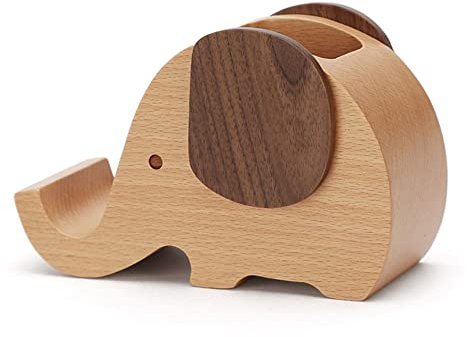 IRIVER BLANK Wooden Mobile Phone Holder, Mobile Phone Charging Stand Tablet Stand, Creative Phone Stand with Pen&Pencil Cup Holder/Pot (Elephant)