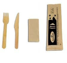 Kit Couverts Bois 3 en 1 Jetables | Lot de 100 Kits Individuels | Fourchette, Couteau Serviette | Bois Bouleau | Aucun Goût Ni Odeur | 100% Ecoresponsable