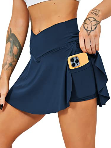 HAWILAND Gonna da tennis da donna – Gonna da crossover a vita con scollo a V e tasche, gonna da golf per ciclismo, escursionismo, corsa, # 1 blu scuro., S