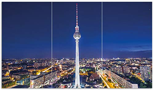 Wallario Herdabdeckplatte/Spritzschutz aus Glas, 3-teilig, 90x52cm, für Ceran- und Induktionsherde, Fernsehturm Berlin bei Nacht