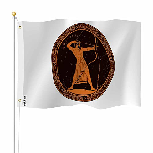 Yekiua Odysseus-Flagge, 7,6 x 12,7 cm, für den Außenbereich, antike, griechische Mythen, Held, Bogenschütze mit Schleife auf rundem, schwarzem Medaillon, doppelseitige Flaggen, wetterfest, langlebig,