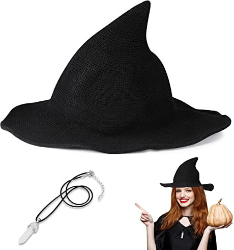 Damen Hexen Hut Halloween Kostüm Zubehör Schwarz mit Breiter Krempe Spitze Zaubererhut Faltbar mit Glücklichen Sechseckigen Kristall Halsketten Geschenk für Halloween Maskerade Cosplay