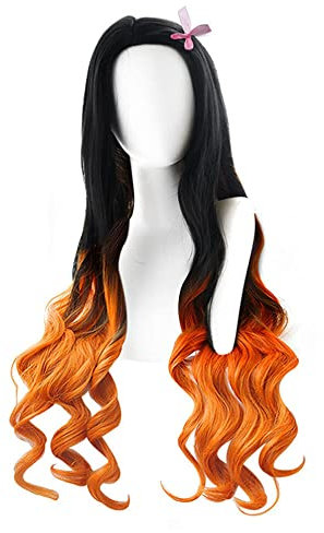 Anime Nezuko Perücken für Dämon Slayer Cosplay Lange Lockige Orange und Schwarz Perücken mit Kappe