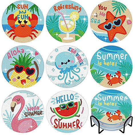 8 Stück 5D DIY Diamant Malerei Untersetzer mit Ständer 9,5 cm Aloha Stil Runde Diamant Kunst und Handwerk Painting Untersetzer DIY Tassen Getränke Untersetzer Wohnkultur für Kinder Erwachsene Anfänger
