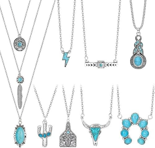 JeryWe Bohemian Türkis Anhänger Halskette für Frauen Westliche Vintage Lange Anhänger Halskette Cowgirl Hufeisen Blitz Barren Anhänger Halsketten Schmuckset Style 1