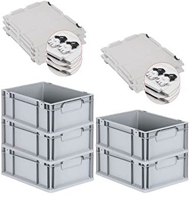 PROREGAL SuperSparSet 5x Eurobox NextGen Economy mit Scharnierdeckel & schwarzen Verschlüssen | Griffe geschlossen | HxBxT 17x30x40cm | 16 Liter | Eurobehälter Transportbox Transportbehälter