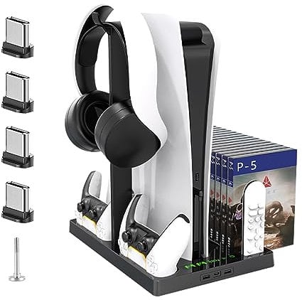 TOPEV PS5 Storage Stand and Cooling Station with Earphone Stand, 4000RPN PS5 Cooling Fan, 15 Game Slots, Multiple Output Ports, Easy to Install