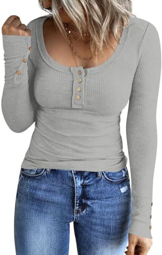 TAOHUADAO Women's Long Sleeve Slim Fit Top Button Down Blouses Fall Henley Basic Ribbed Knit T Shirts 2XL, Grey