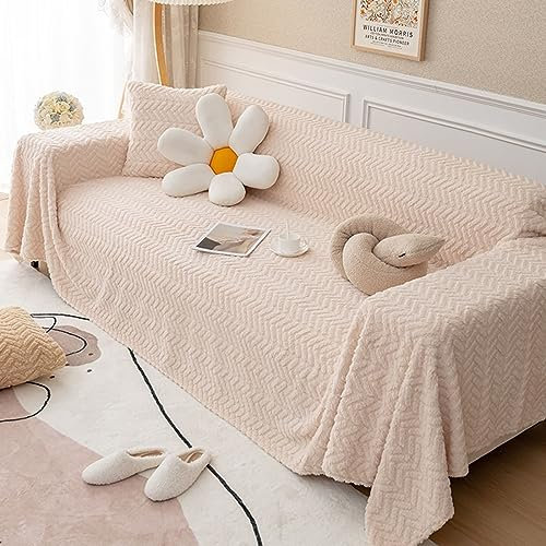 Mesnt Sofa Überzug mit Muster, Chenille Wohndecke als Sofadecke, Couch Überwürf, Sofa Überzug Einfarbige Fischgrätstruktur Beige, 180x340CM