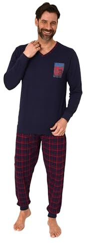 Normann Herren Langarm Schlafanzug mit Bündchen und Karierter Jersey Hose