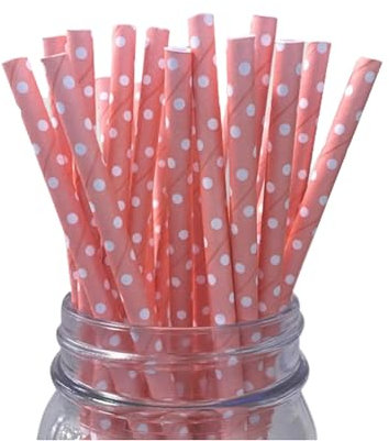 SHARRLA Paper Straws 25pcs, Biodegradable Recyclable Drinking Straws for Wedding | Birthday Party Straws for Cocktail, Holiday, Coffee, Soda, Baby Shower Suppliers (Pink with White dots)