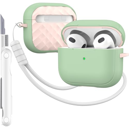 MHYALUDO-Hülle kompatibel mit AirPods 3 Generation mit Reinigungsset, vollständiger Fallschutz mit Trageband, Farbe,Jugendliches Macaron, kompatibel mit Airpods 3-Ladehülle, Grün/Pink