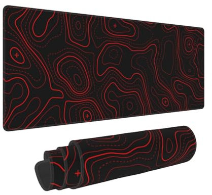 Red Minimalist Topographic Contour Mouse Pad XL Extended Mouse Mat, Non Slip Rubber Base Stitched Edge Gaming Pc Mousetop Large Mice Pad,31.5 X 11.8 Inch