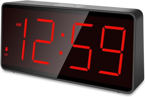 Eachui Wecker digital Batteriebetrieben mit großen Zahlen, Digitaler Wecker mit LED Display, regelbarer Helligkeit und Lautstärke, Snooze, 12/24 Std.- und DST-Modus (Rote Ziffern)