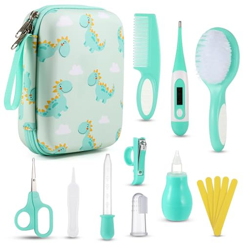 Lilian&Gema Set para Cuidado del Bebé-15 Piezas Kit de Aseo para Bebés con Cuchara de Oreja con LED Cepillo de Pelo y Peine,Cortador de Uñas Cepillo de Dientes de Dedo para Viaje y el Uso Diario