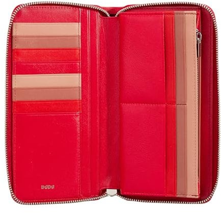 DUDU Portafoglio Donna Grande con Cerniera RFID in Pelle Nappa Zip Around 14 Tasche Porta Carte di credito e Portamonete Rosso fiamma