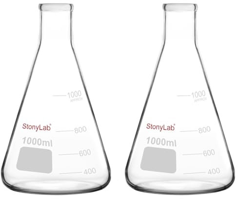 stonylab Erlenmeyer Flasks, 2 Pack 1000 ml Narrow Mouth Heavy Wall Borosilicate Glass Erlenmeyer Flask Laboratory Glassware