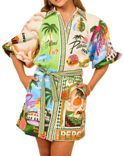 Women's Boho Shirt Dress - Graffiti Print Lantern Mid-Sleeve Button Down Tie-Waist Linen Summer Vacation Beach Outfits Colorful Mini Dresses Hawaiian Loungewear (#1,M)