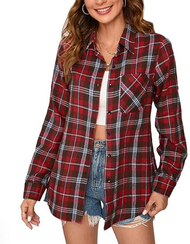 Stamain Chemise Carreaux Rouge Femme Casual Chemise Flanelle Classique Chemise Bucheron Western Cowboy Manches Longues XL