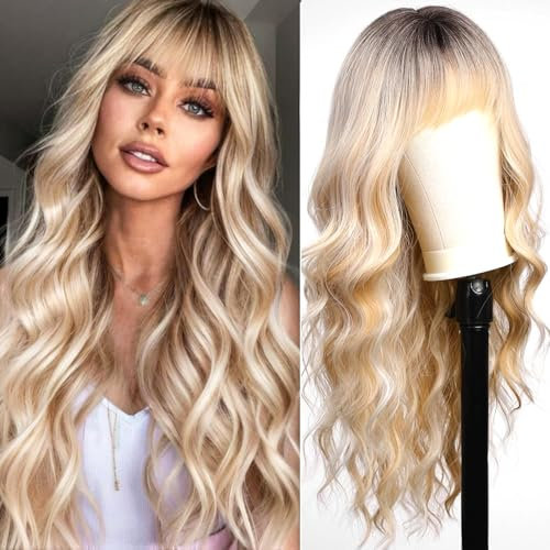 PORSMEER Lange Gewellt Blond Perücken mit Pony für Frauen,66cm Lange Locken Wig,Natürlich Synthetisches Haar Perücke für Tägliche Karneval Fasching,Blond mit dunklen Wurzeln
