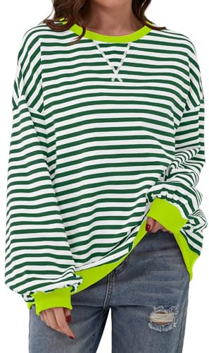 Chicrise Pullover Damen Rundhalausschnitt Langarm Gestreifter Sweatshirt Gestrickt Farbblock Oberteile Grün-weiß Gestreift Groß 42-44