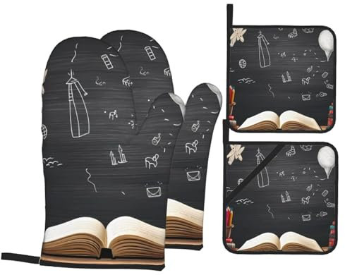 Ofenhandschuhe und Topflappen 4er Set Buch Tafel Ofenhandschuhe mit Umhängeband Ofenhandschuh für die Küche Hitzebeständige Topflappen Grillhandschuhe zum Kochen Backen