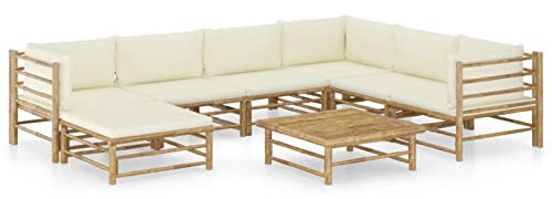 Sufrk Salon de Jardin 8 pcs avec Coussins Blanc crème Bambou,Salon De Jardin Extérieur,Meuble Salon Jardin Exterieur,Meuble Balcon Exterieur