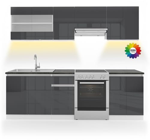 Vicco Küchenzeile Raul, Anthrazit/Weiß, 240 cm, AP Schwarz mit LED-Leisten