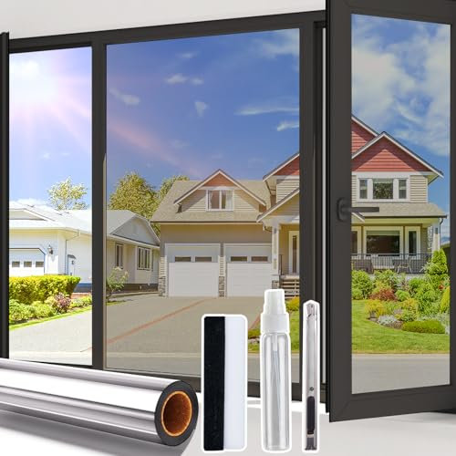 Beautysaid Heat Reflective Window Film Privacy Film for Glass Windows, One Way Mirror Window Tint Film Home, UV Sun Blocker Anti Glare Vinyl House Doors Cover with Tools, Silver, 60 x 200cm