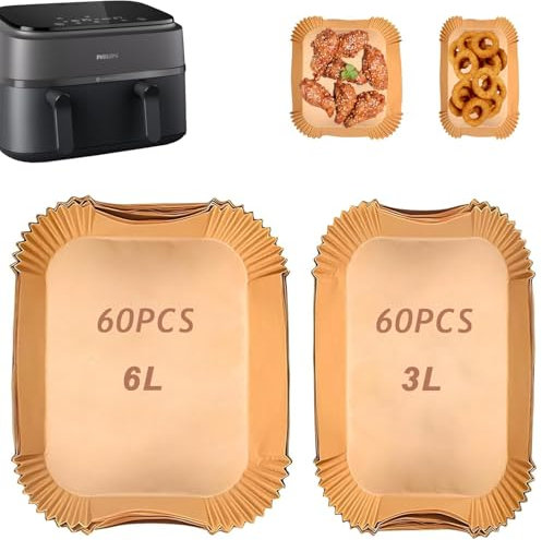 Fodere di carta per friggitrice ad aria Philips Dual Basket Serie 3000 6L/3L, fodere di carta usa e getta per friggitrice ad aria Philips Dual Basket Airfryer NA350/00 (120 pezzi)