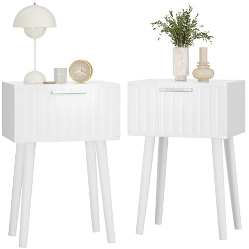 YMYNY Nachttisch 2er Set, Beistelltisch, Nachtschrank, Magnetschublade mit geriffelten Fronten, Massivholz Beinen, Modern, Couchtisch für Schlafzimmer Wohnzimmer, Weiß HST014W-2