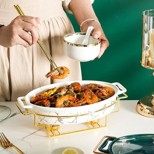 Oval Stockpot Ceramic, Casserole Dish Food Warmer with Glass Lid and Rack, Chafing Dish Saucepan for Buffet, Healthy Cooking Low Pot Bottom Candle Heating Pan for Home Use 33 * 20 * 5. 5cm