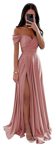 BJMAND Robes de bal à épaules dénudées pour femmes, robes de soirée longues froncées, en satin, robe de bal avec fente trapèze, rose poudré, taille 16