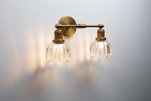 Pathson 2-Lumière Applique Murale Intérieure, Abat-jour en Verre Tulipes Applique Salle de Bain Vintage E27 Luminaire pour Salon Chambre Cuisine (Laiton Antique)
