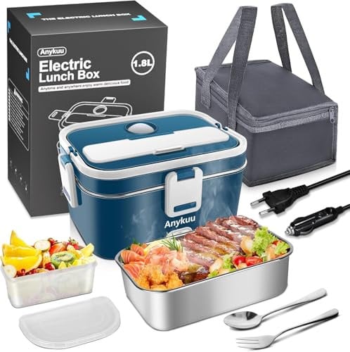 Anykuu Electric Lunch Box 100W 1.8L Large Capacity Heated Lunch Box 12V/24V/220V 3-in-1 Portable Food Heater with Insulated Lunch Bag Spoon and Fork Suitable for Car Truck Office Home
