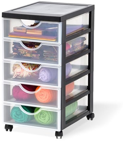 Iris Ohyama Kunststoff-Schubladenbox mit Rollen, 5 flachen Schubladen, Mattweiß, Griffe zum Ziehen, Für Schlafzimmer, Schule & Büro, BPA-frei, Schubladenschrank, Rollcontainer, A4 Drawer, DDDC-350